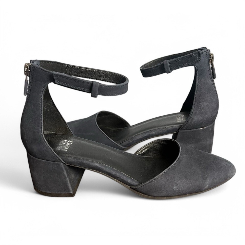 Eileen Fisher Women's Goldie Suede Pump Block Heel Ankle Strap Back Zipper Sz 6